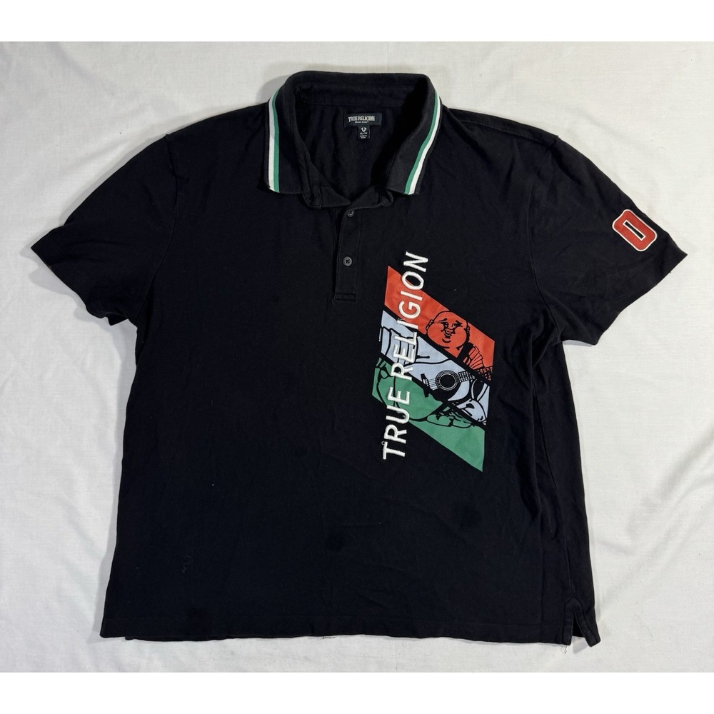 True Religion Men SZ XL Polo Sport Shirt Black Graphic Short Sleeve Logo